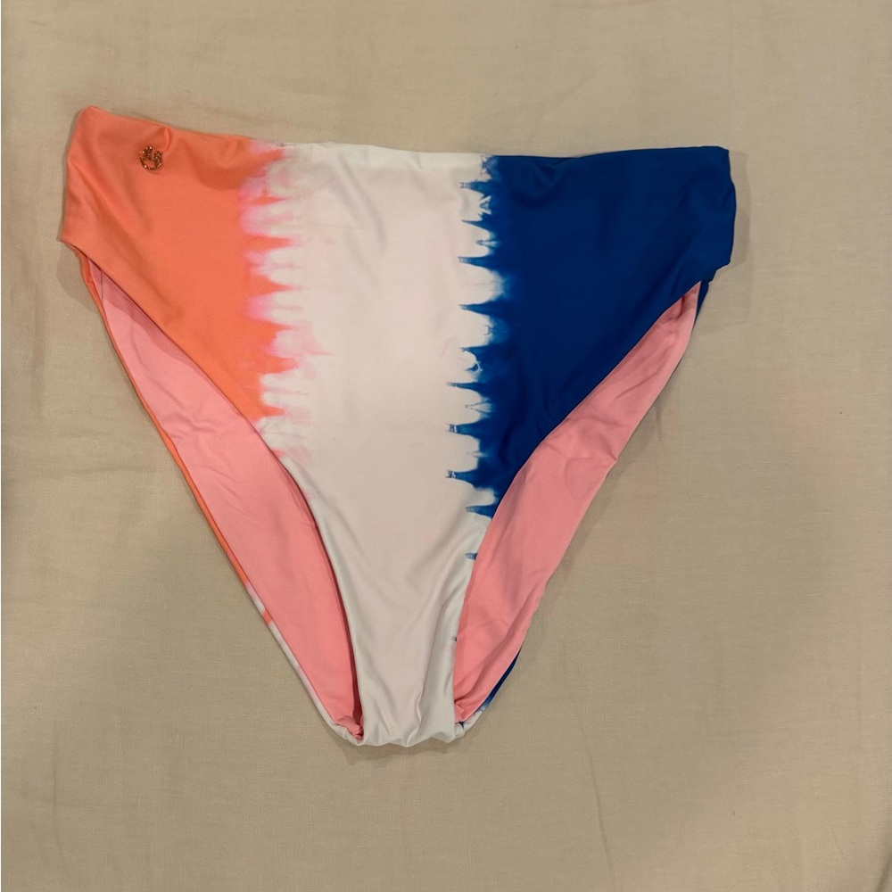 Maaji High Waisted Bikini Bottom Sz L Blue, White & Coral